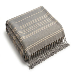 Stone grey and beige multi-stripe woven cotton throw with dark fringe 130×170 cm by Primeval