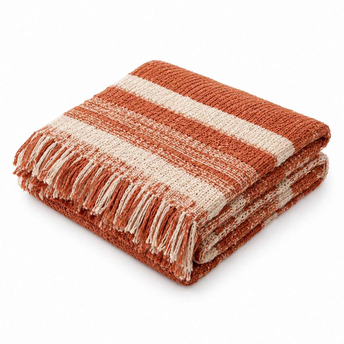 Rust and Cream Striped Knit Throw with Fringe - Primeval