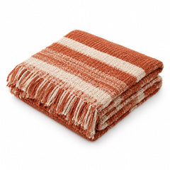 Rust and Cream Striped Knit Throw with Fringe - Primeval