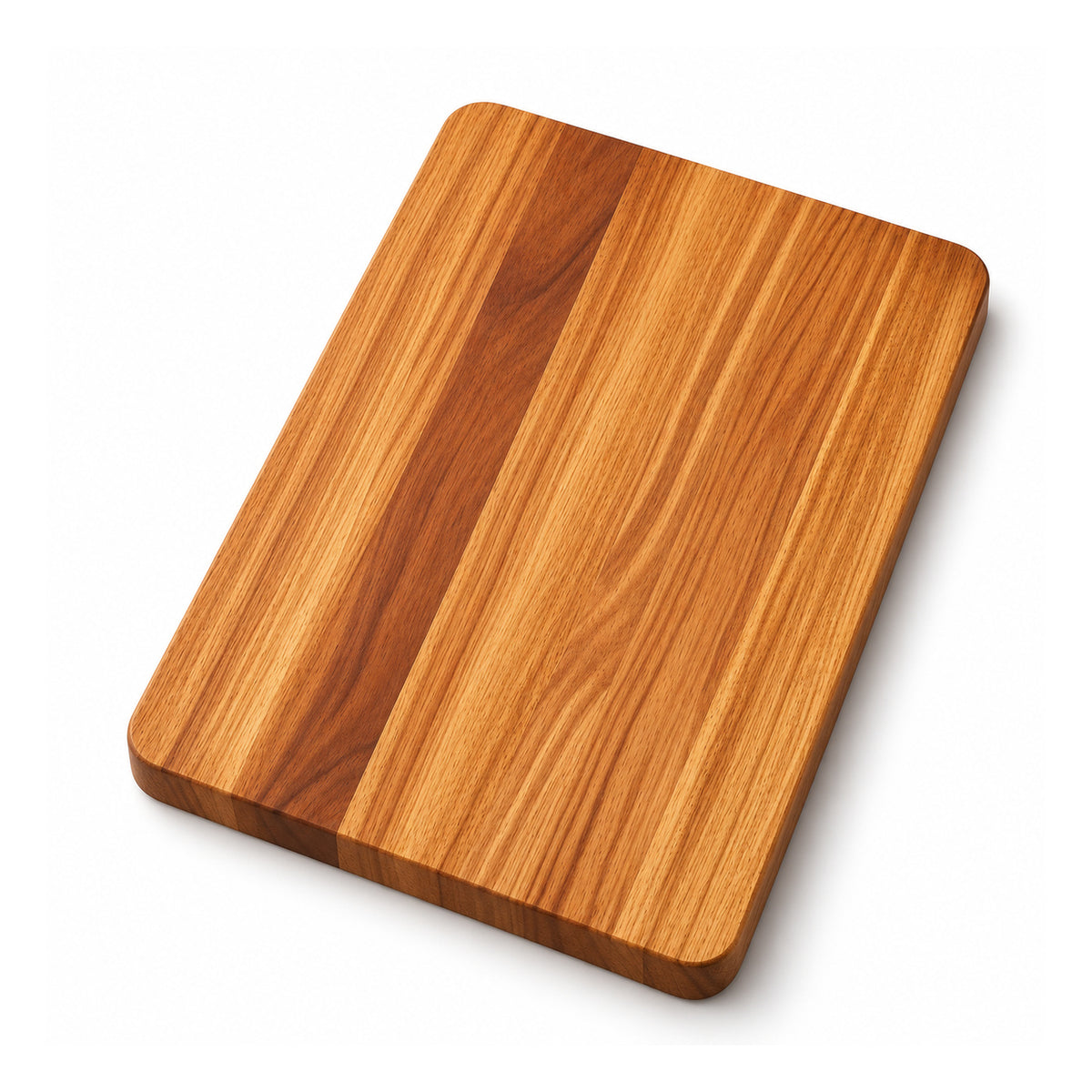 Thick-looking rectangular wooden chopping block with rounded corners and alternating golden tan and russet brown grain bands