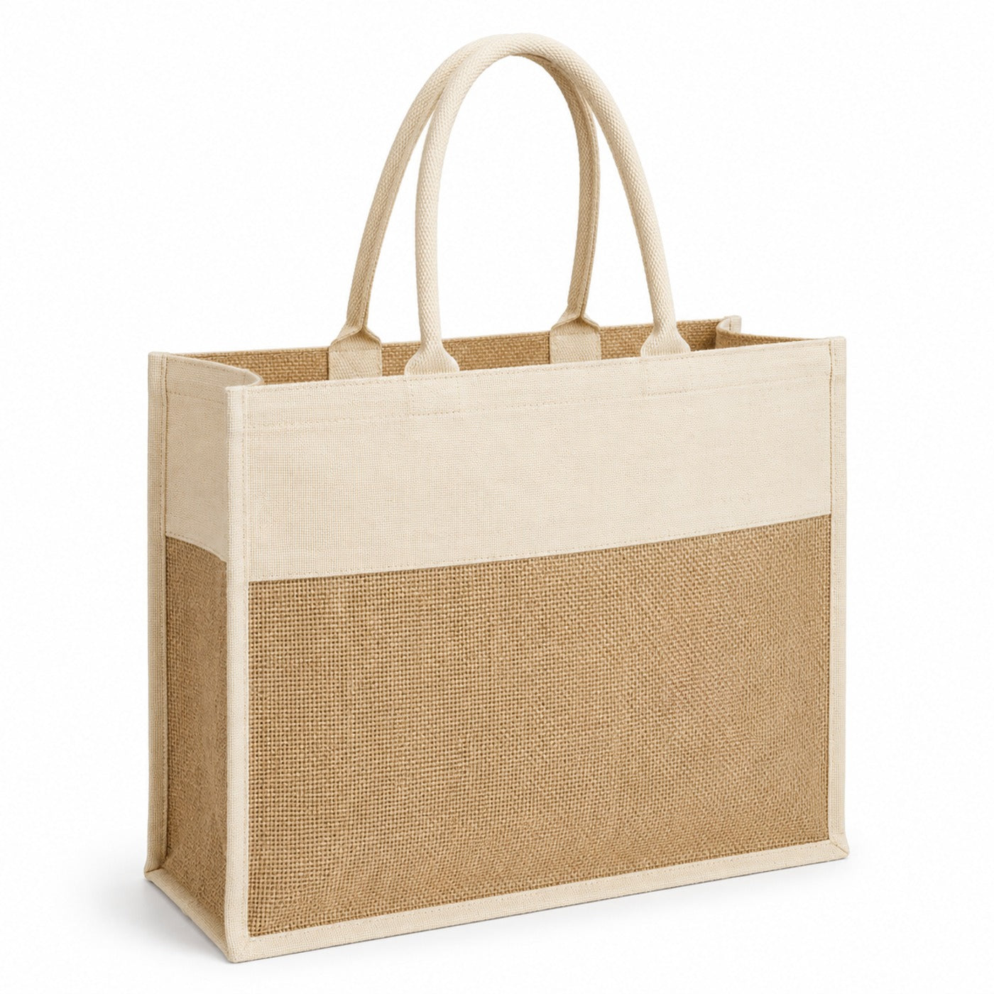 Structured natural jute tote bag with a cream upper panel and cream handles on a white background.