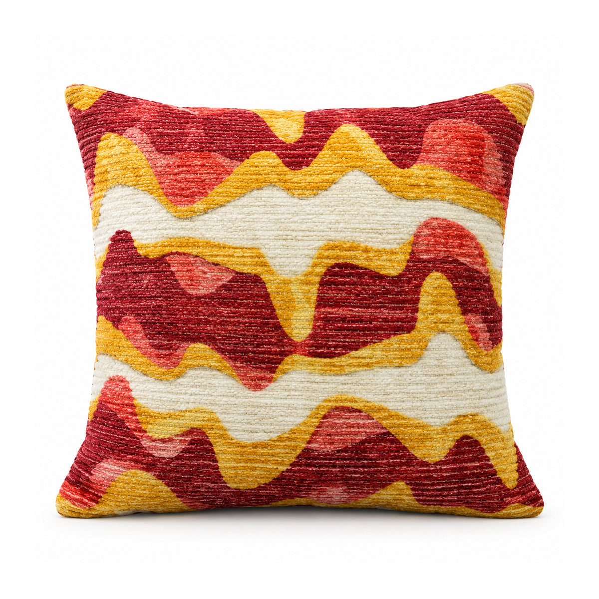 Primeval sunset red, burnt orange and mustard cushion cover with wide layered horizontal abstract waves