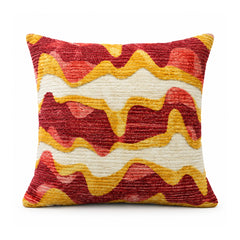 Primeval sunset red, burnt orange and mustard cushion cover with wide layered horizontal abstract waves