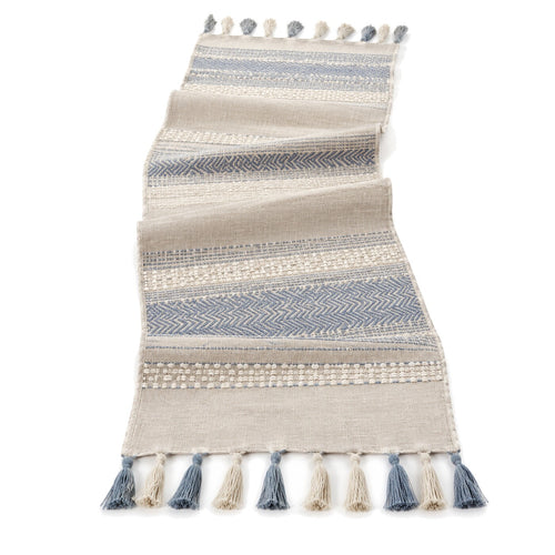 Beige Dusty Blue Woven Bands Table Runner | Primeval
