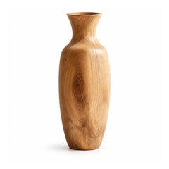 Tall organic wooden floor vase with a gently flared narrow neck, sculpted tapered body and prominent golden-brown grain