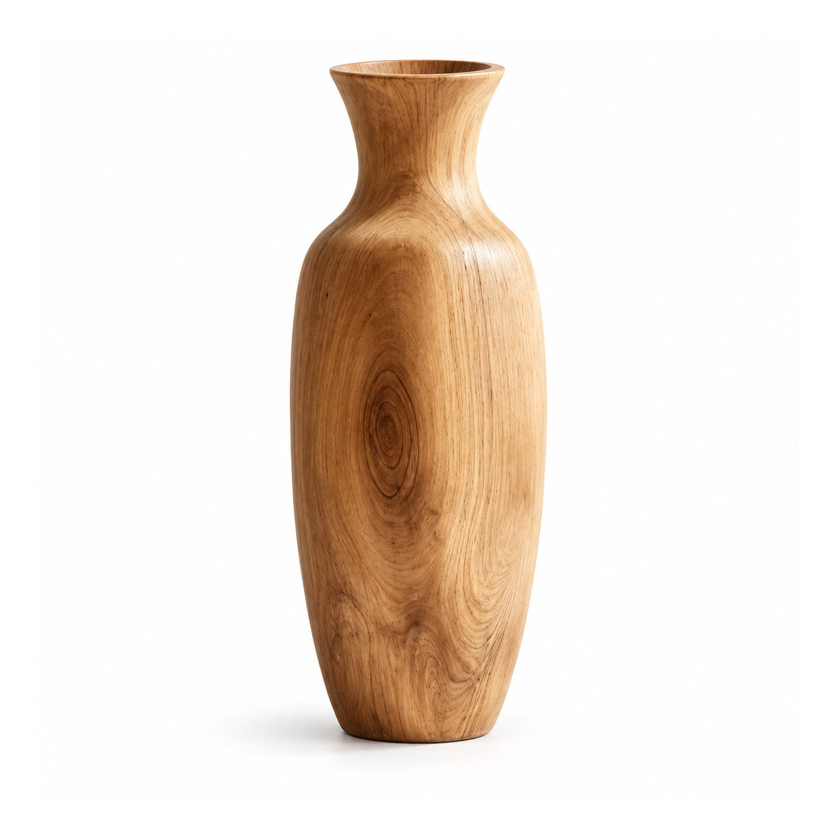 Tall organic wooden floor vase with a gently flared narrow neck, sculpted tapered body and prominent golden-brown grain