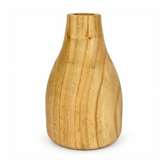 Tall rustic wood bottle vase with slender neck, rounded shoulder and visible vertical natural-looking timber grain