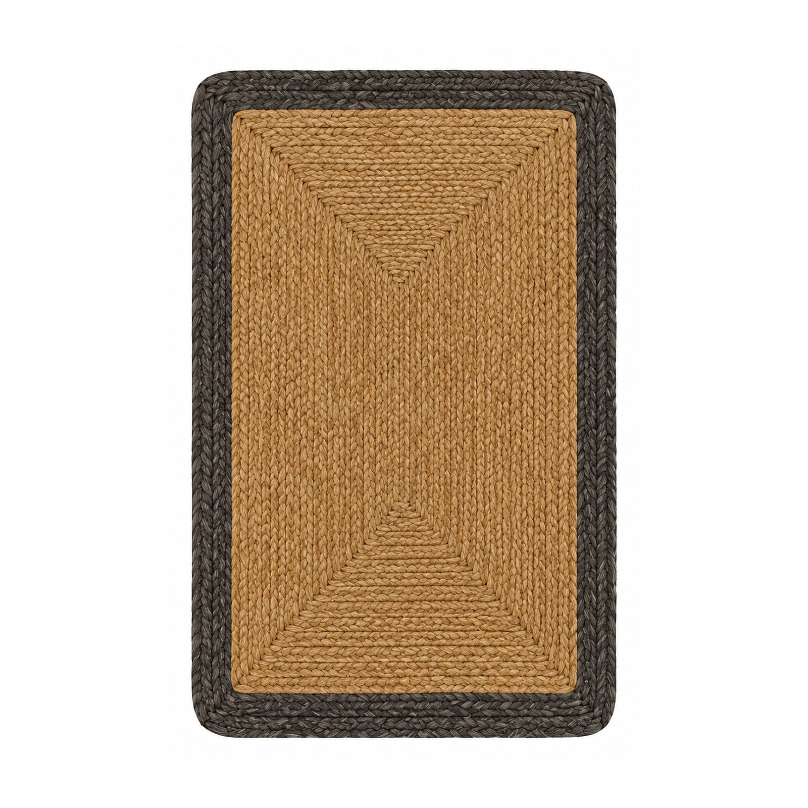 Tan and charcoal striped braided jute bath mat on white background