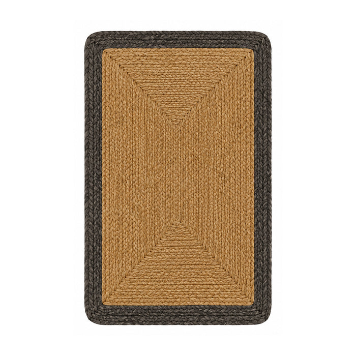 Tan and charcoal striped braided jute bath mat on white background