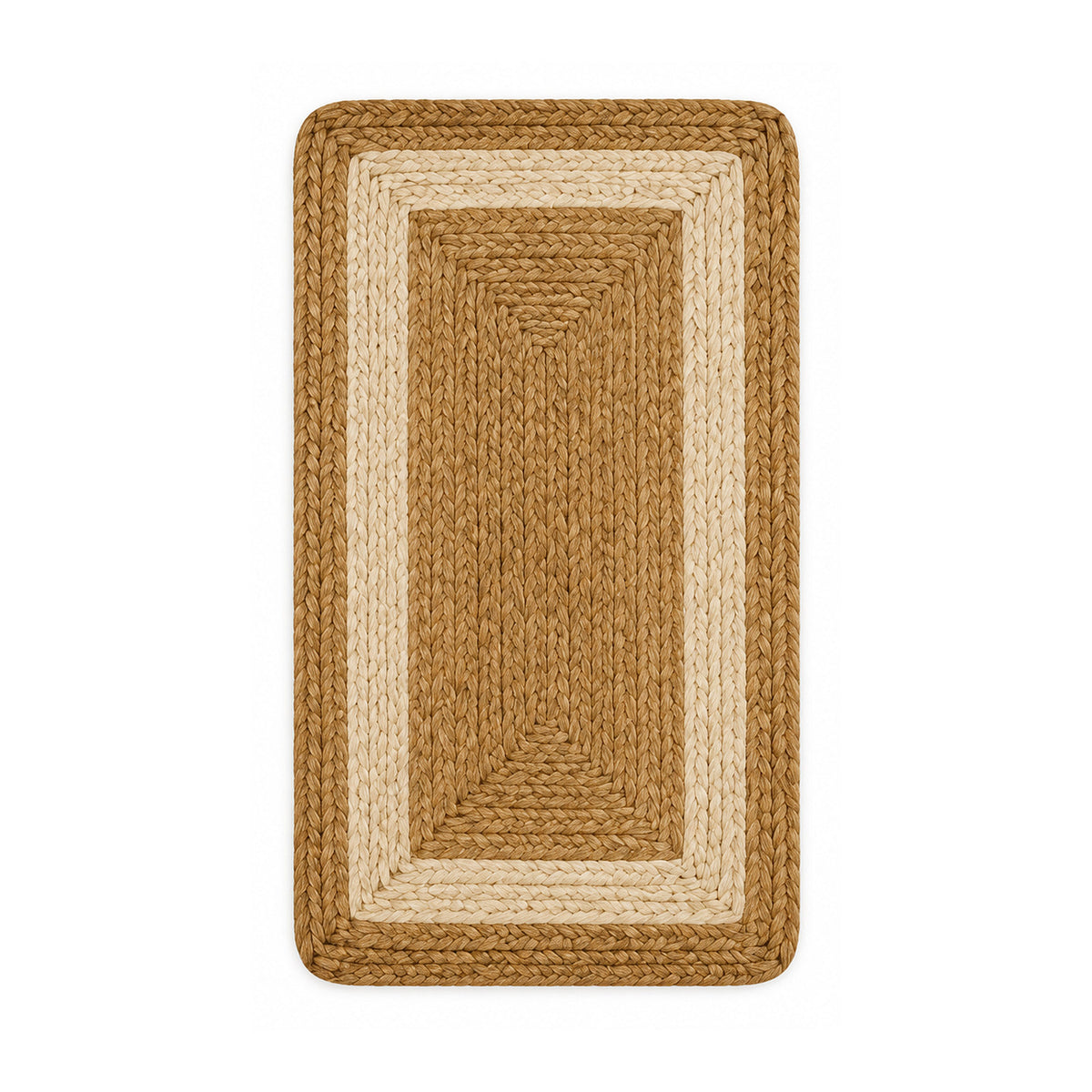 Tan and cream bordered braided jute bath mat on white background