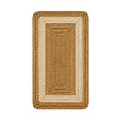 Tan and cream bordered braided jute bath mat on white background