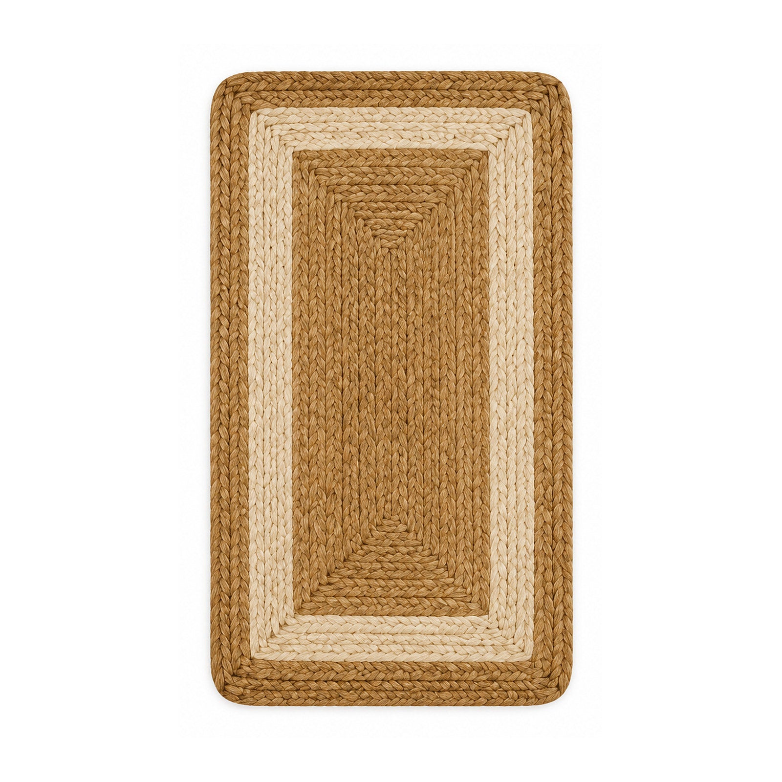 Tan and cream bordered braided jute bath mat on white background
