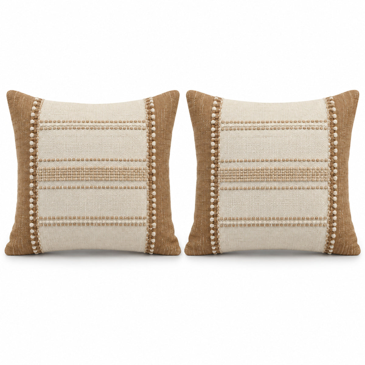 Pair of tan and ivory decorative cushions with clean horizontal stripe detailing