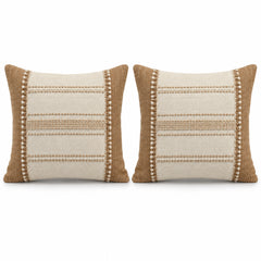 Pair of tan and ivory decorative cushions with clean horizontal stripe detailing