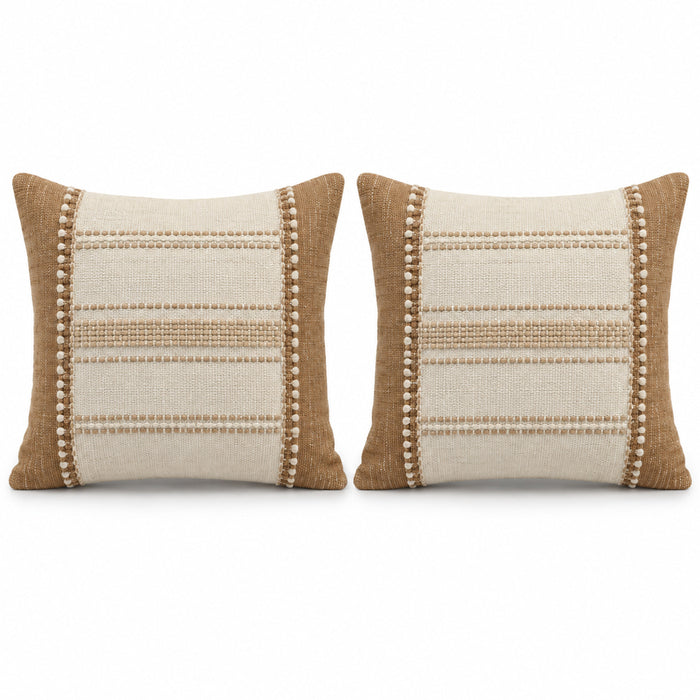 Pair of tan and ivory decorative cushions with clean horizontal stripe detailing