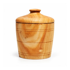 Tapered cylindrical natural wood storage canister with fitted domed lid, small round knob and horizontal turned lines