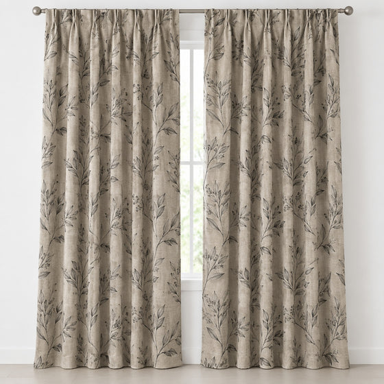 Taupe botanical print blackout curtains, front product view - Primeval