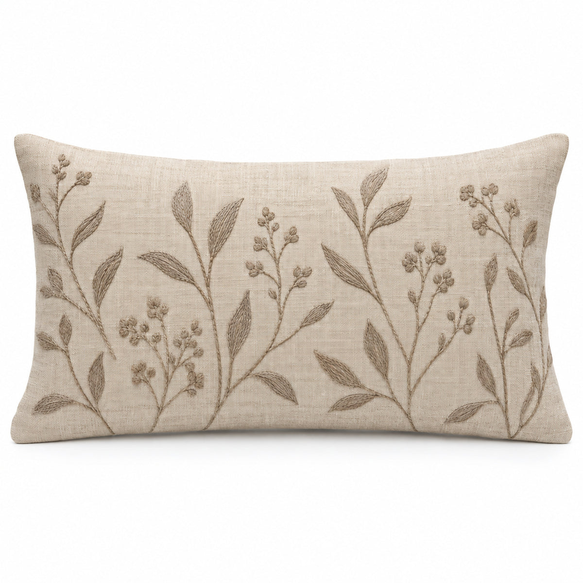 Neutral taupe lumbar cushion cover with delicate botanical branch motif