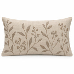 Neutral taupe lumbar cushion cover with delicate botanical branch motif