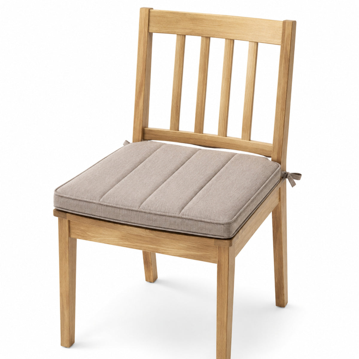 Primeval taupe channel stitched dining chair pad with tie straps on wooden dining chair