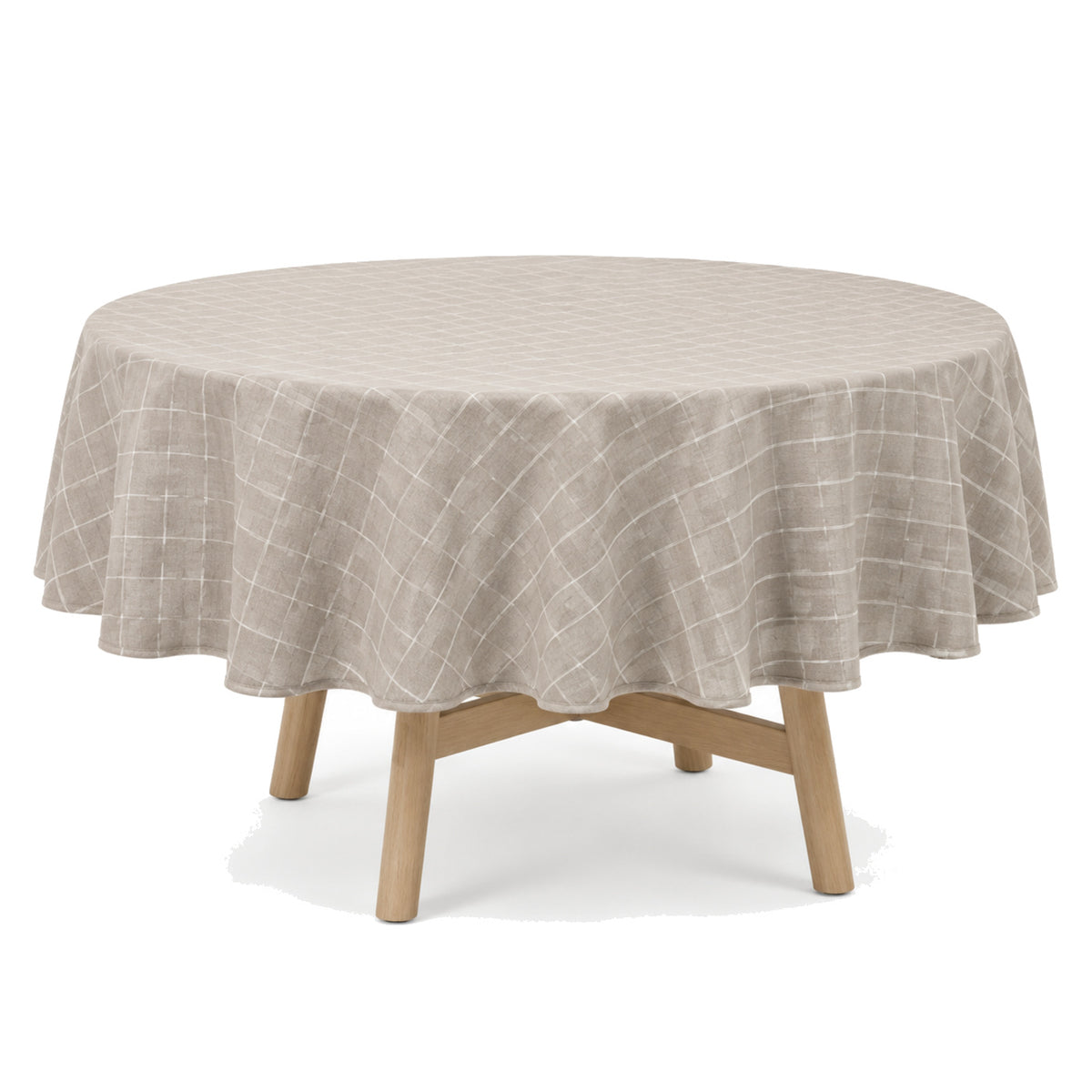 Primeval taupe cream grid tablecloth displayed on a round dining table