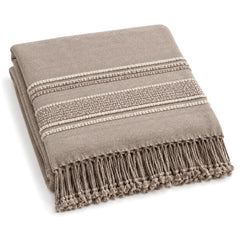 Taupe horizontal banded woven cotton throw with fringe 130×170 cm by Primeval