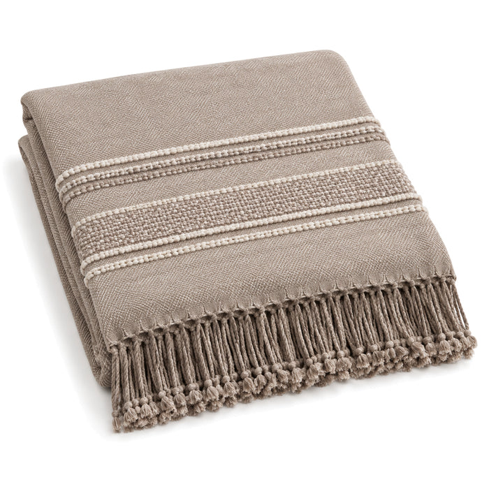 Taupe horizontal banded woven cotton throw with fringe 130×170 cm by Primeval
