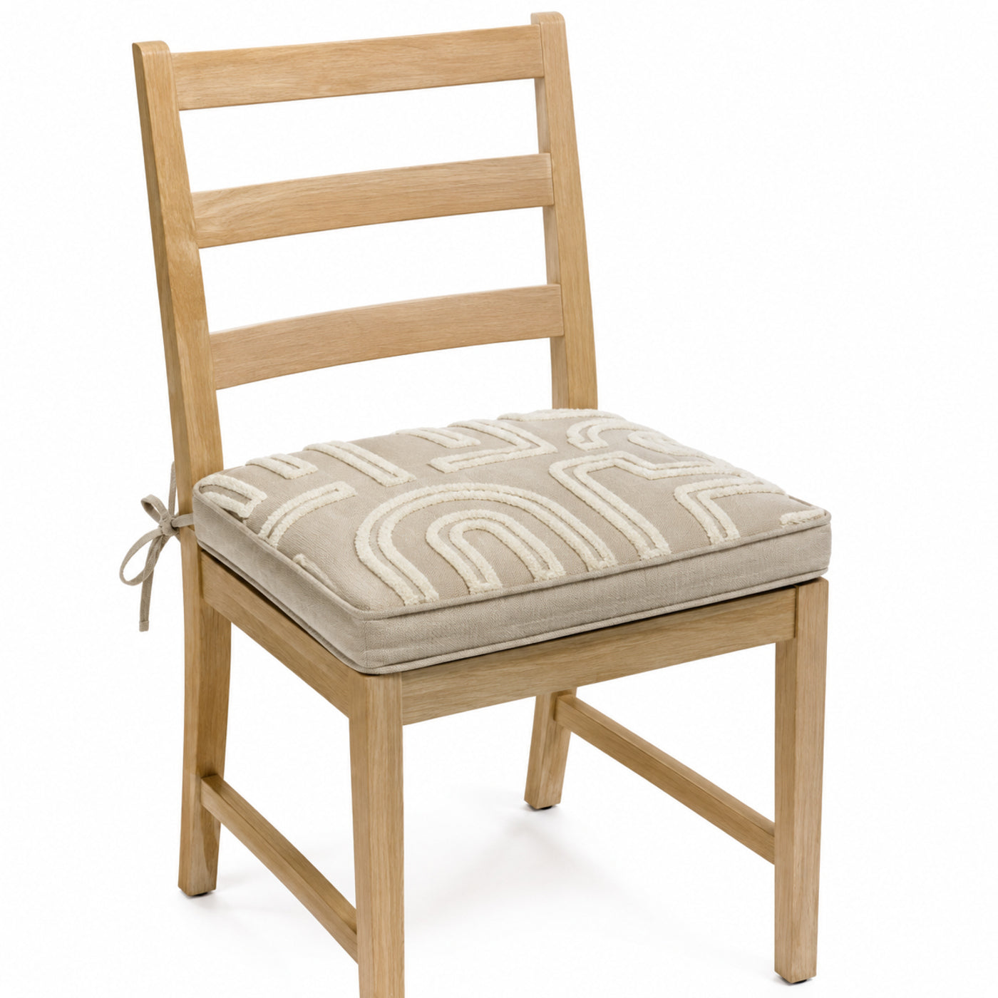 Primeval taupe and ivory arch geometric dining chair pad with tie straps on wooden dining chair