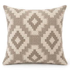 Taupe and ivory decorative cushion with repeating diamond geometric pattern