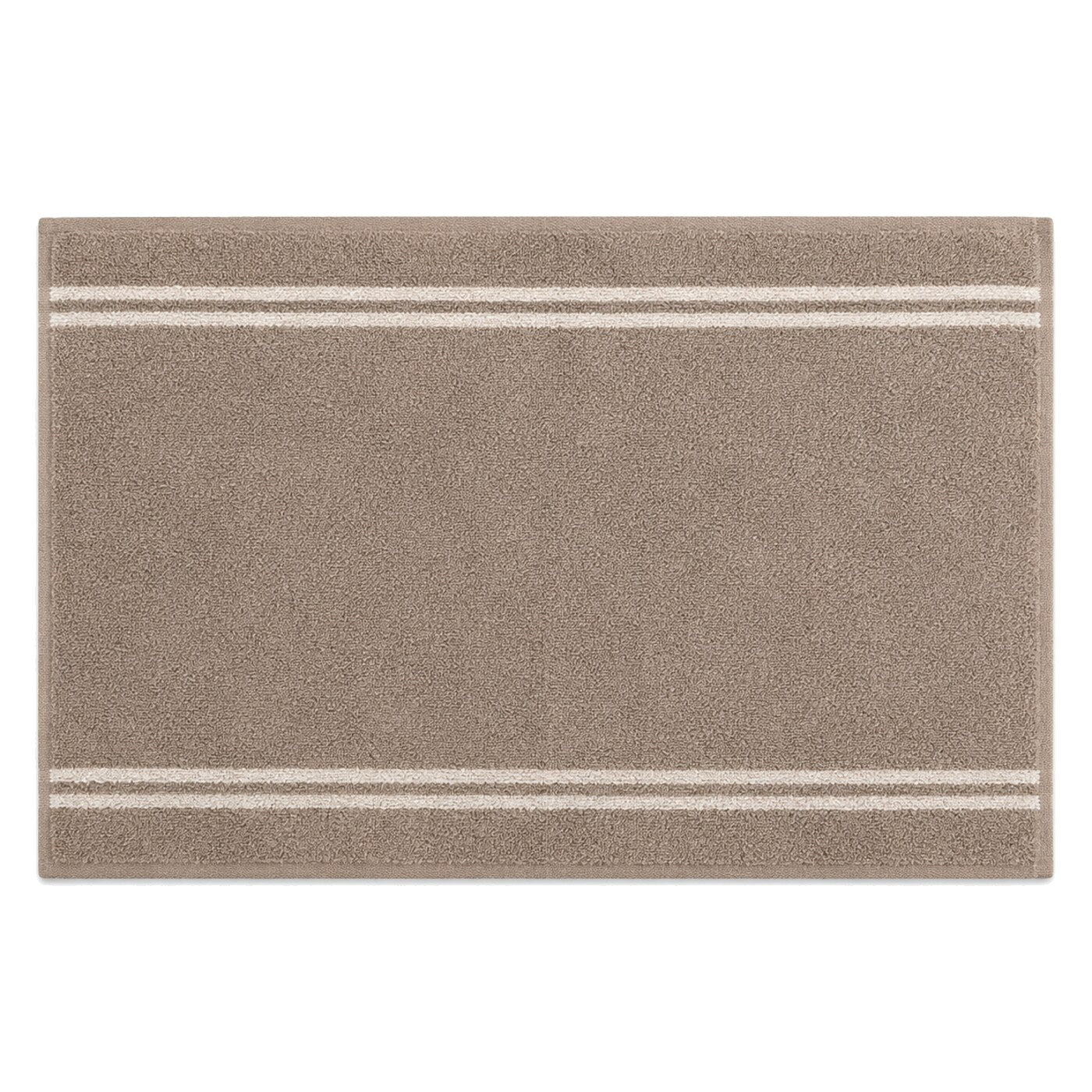 Taupe bath mat with ivory double-line border accents for modern bathroom decor - Primeval