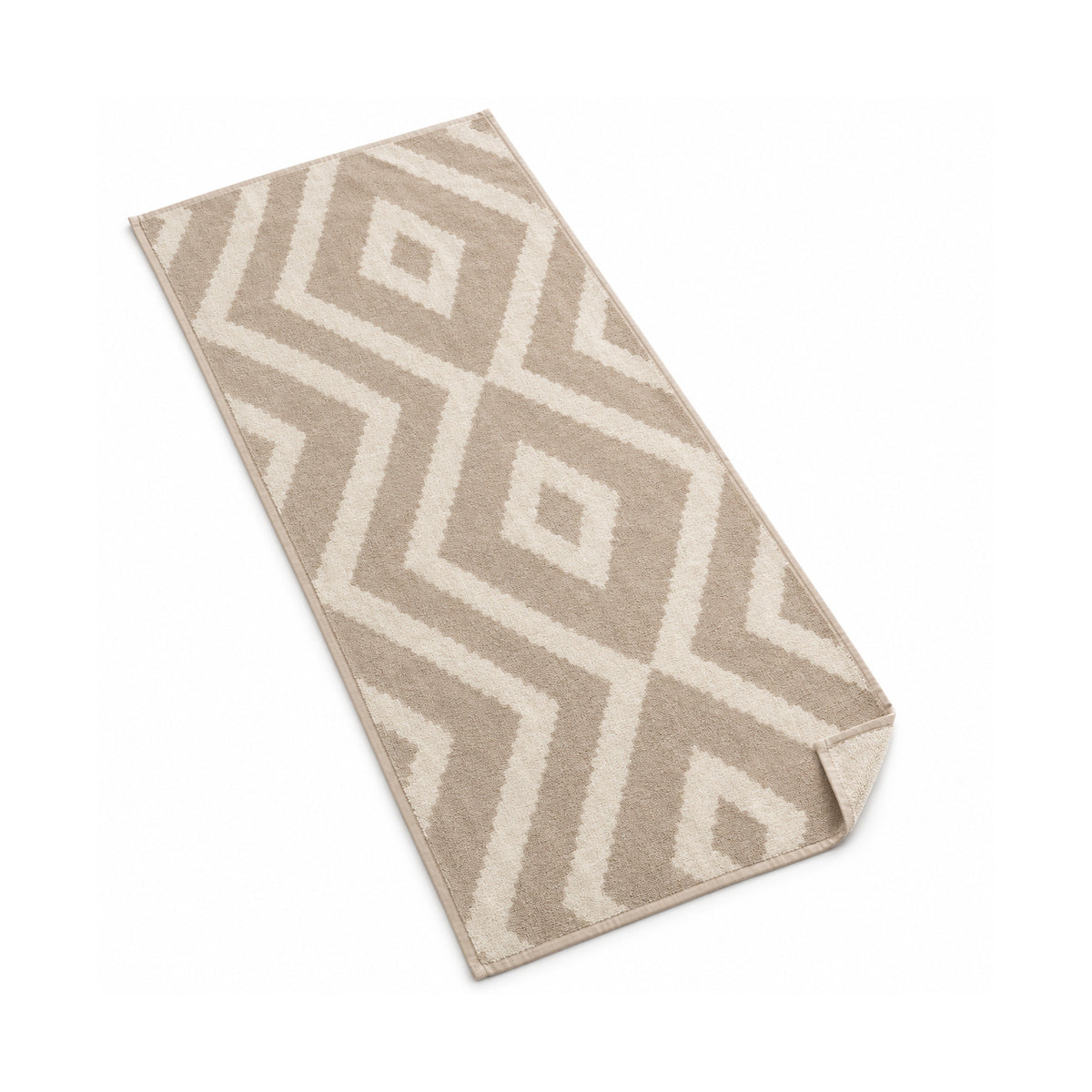 Taupe and ivory beach towel with a geometric diamond pattern.