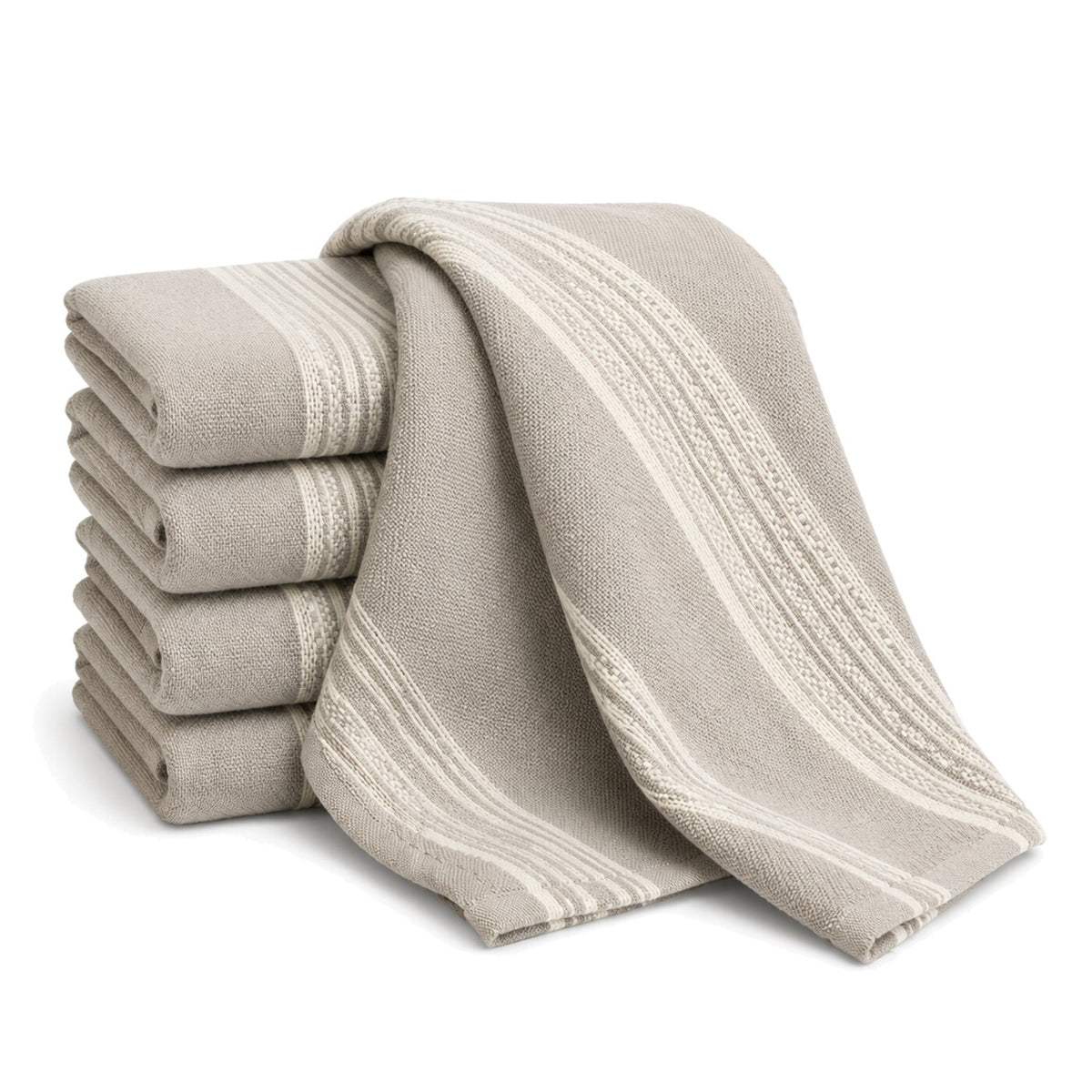 Primeval taupe and ivory stripe border cotton kitchen towel set in folded studio presentation