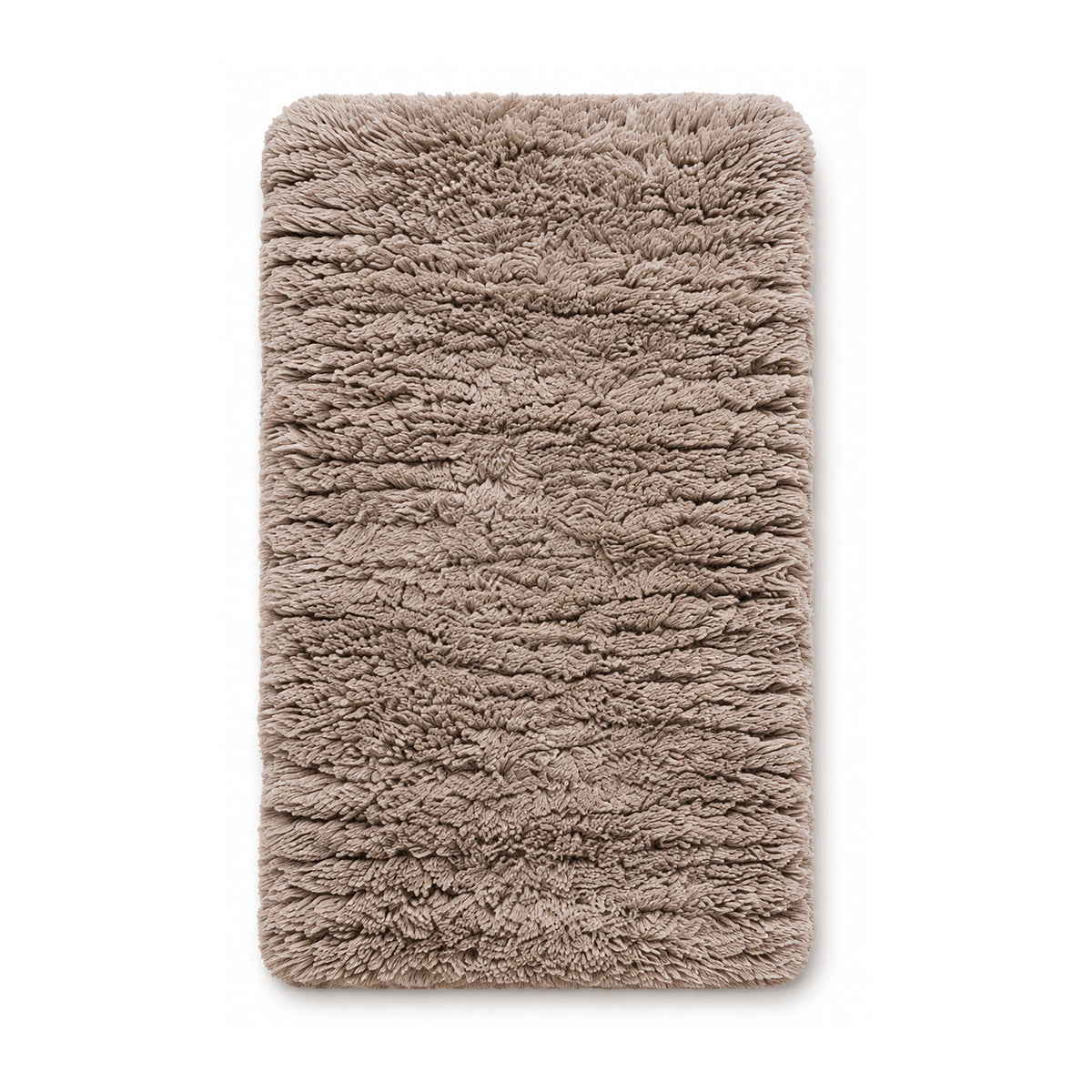 Taupe plush shag bath mat on white background