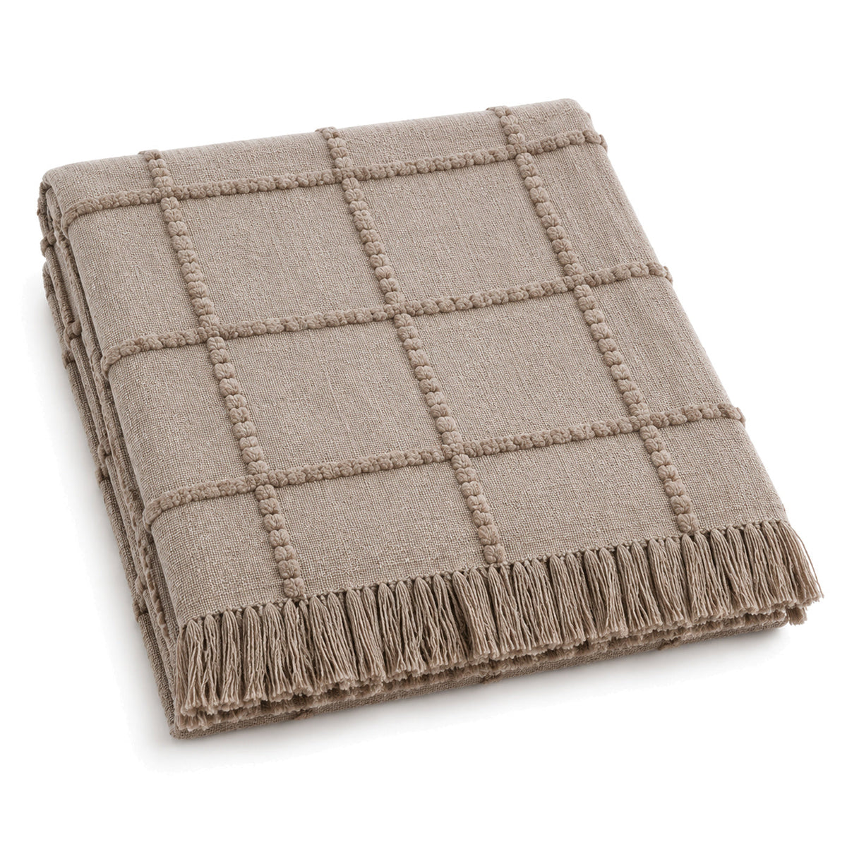Taupe raised grid textured cotton throw with fringe 130×170 cm by Primeval