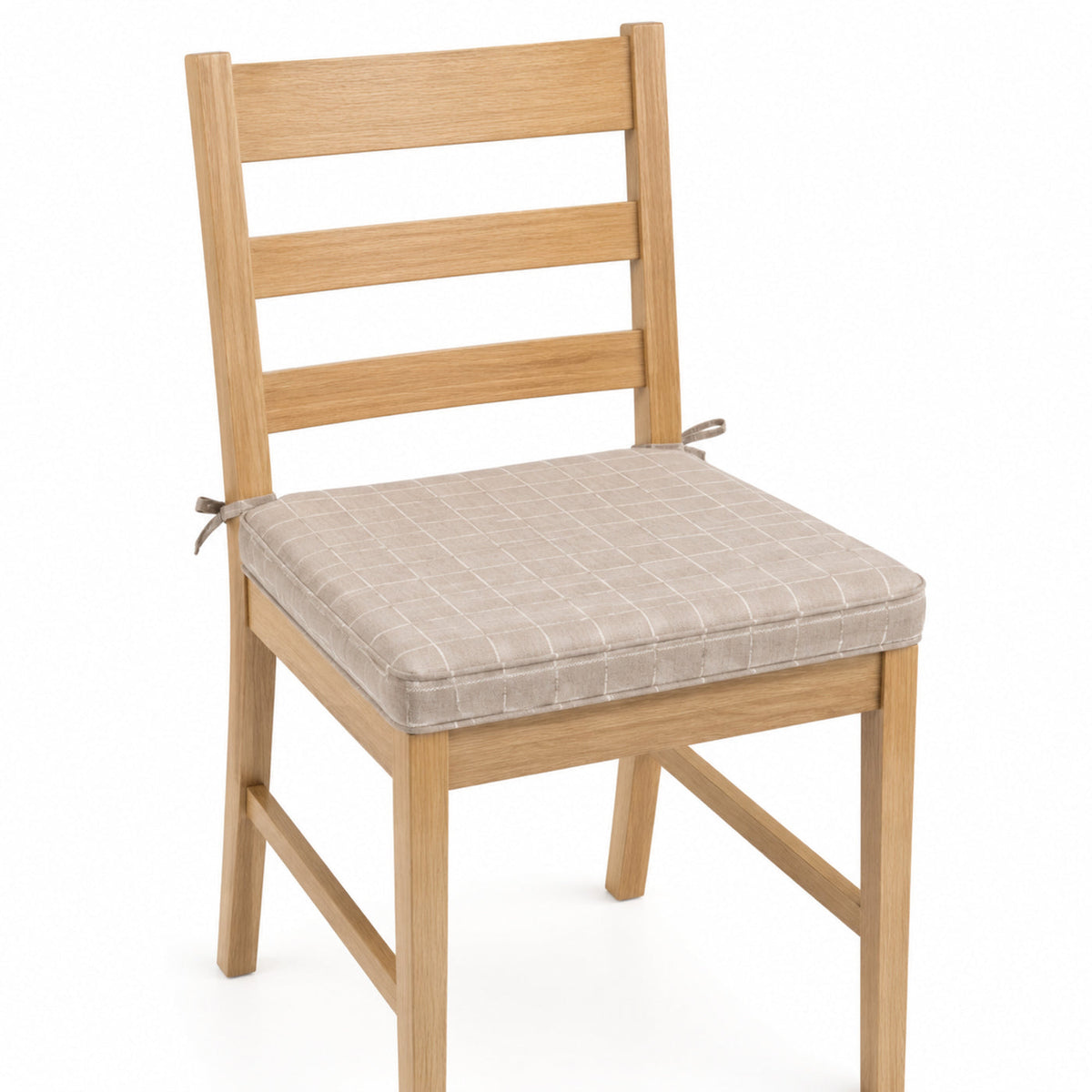 Primeval taupe subtle check dining chair pad with tie straps on wooden dining chair