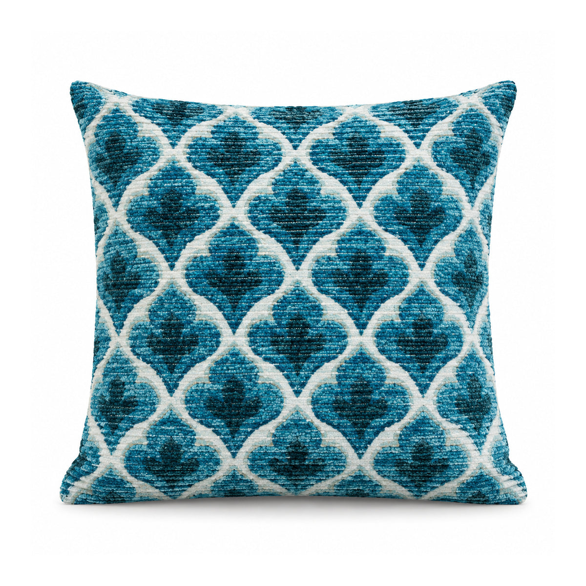 Primeval teal blue and white decorative cushion cover with repeating Moroccan-inspired trellis geometry