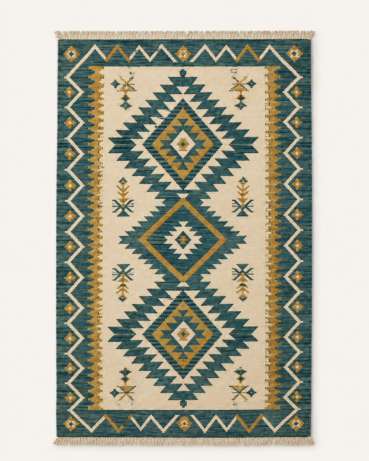Teal mustard and ivory geometric kilim rug with fringe for modern wholesale and private label rug collections