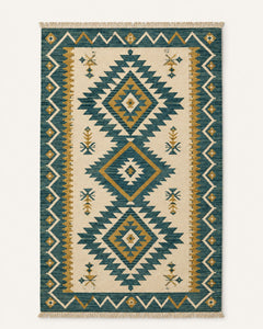 Teal mustard and ivory geometric kilim rug with fringe for modern wholesale and private label rug collections