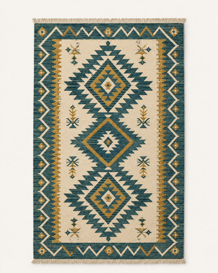 Teal mustard and ivory geometric kilim rug with fringe for modern wholesale and private label rug collections