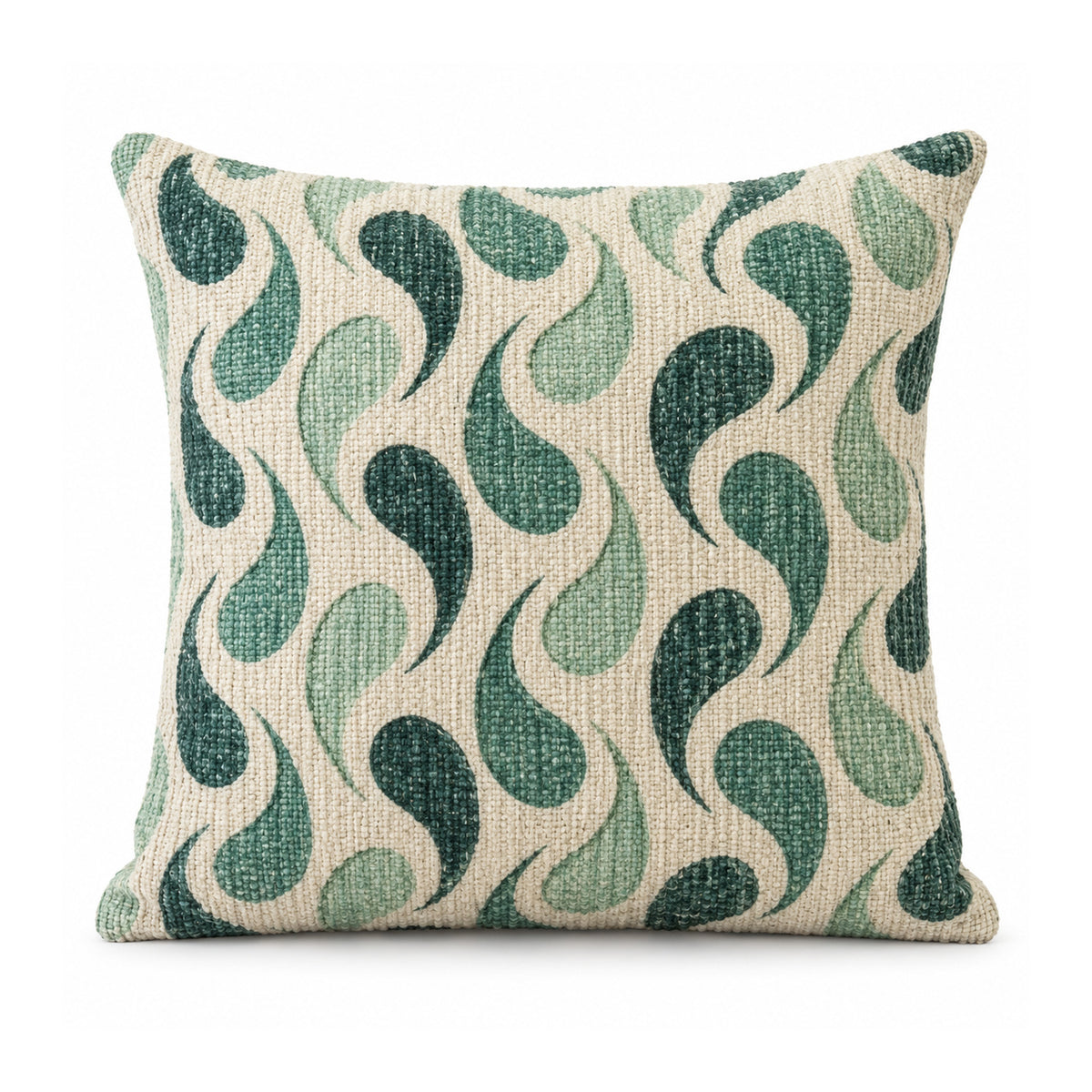 Primeval decorative cushion in teal and sage green with flowing S-shaped abstract waves on a warm ivory ground