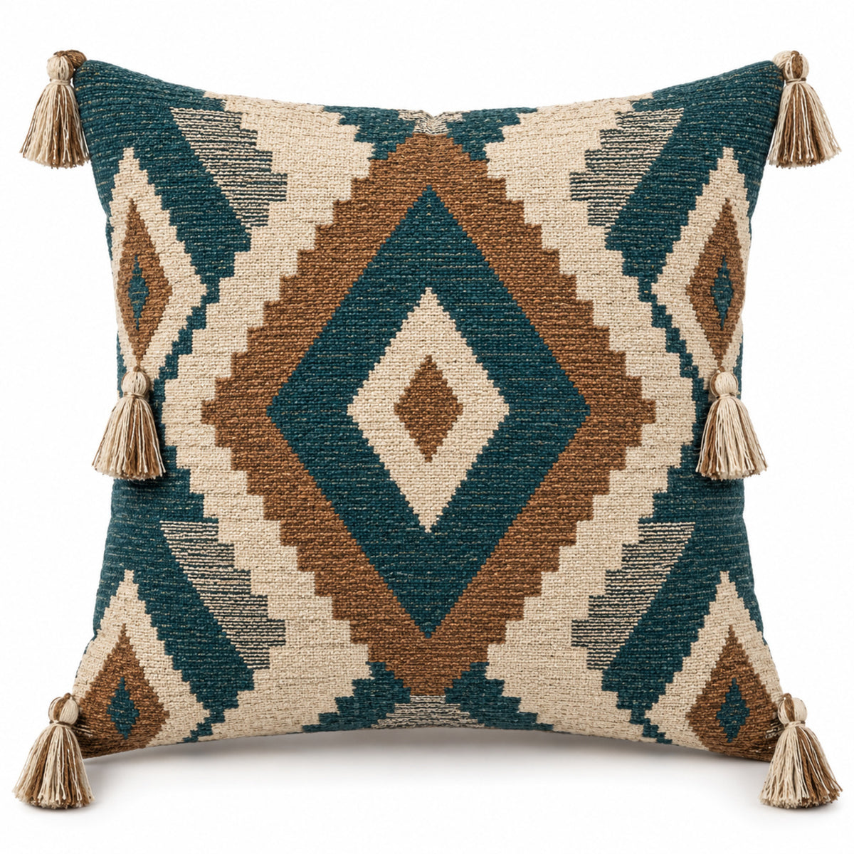 Teal tan and ivory decorative cushion with diamond pattern and corner tassels