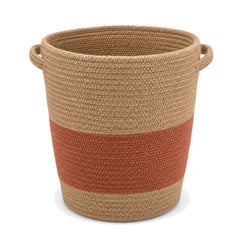 Primeval natural jute laundry basket with terracotta band and side handles on a white background
