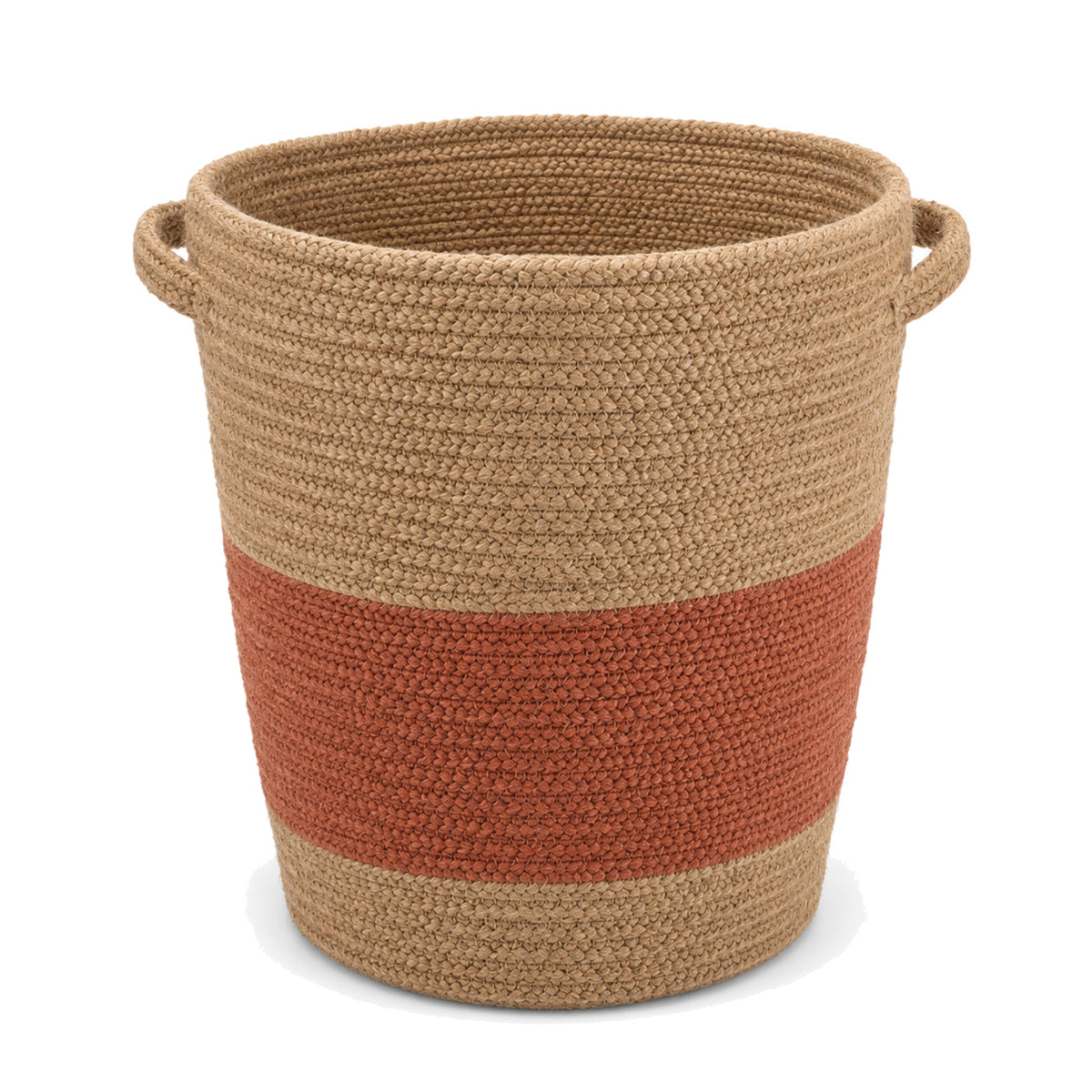 Primeval natural jute laundry basket with terracotta band and side handles on a white background