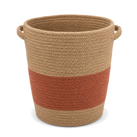 Primeval natural jute laundry basket with terracotta band and side handles on a white background