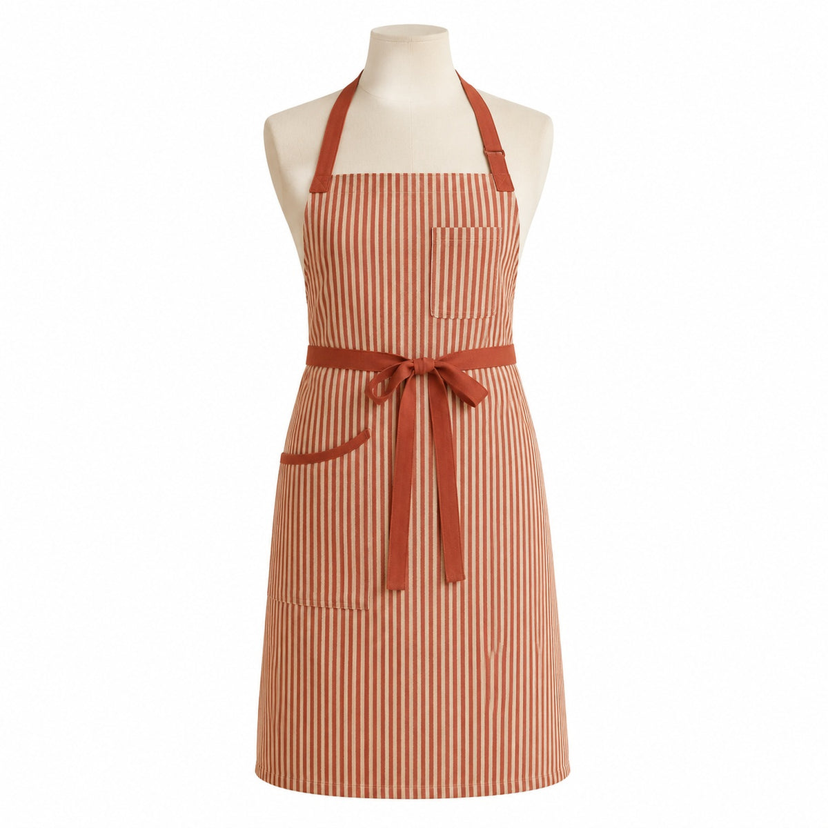 Primeval terracotta and beige striped chef apron displayed on a dress form