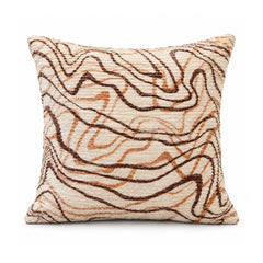 Primeval terracotta brown and cream cushion cover with freely flowing looping abstract contour and topographic lines