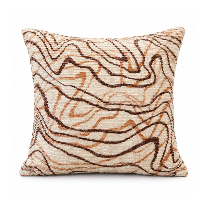 Primeval terracotta brown and cream cushion cover with freely flowing looping abstract contour and topographic lines