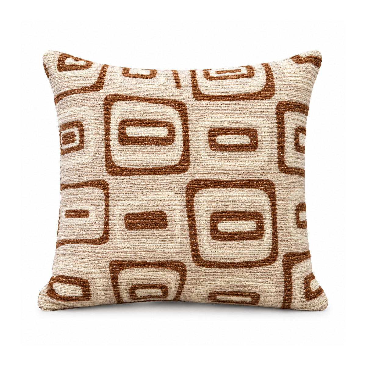Primeval terracotta brown and cream cushion featuring bold nested rounded-square and rectangular geometric outlines