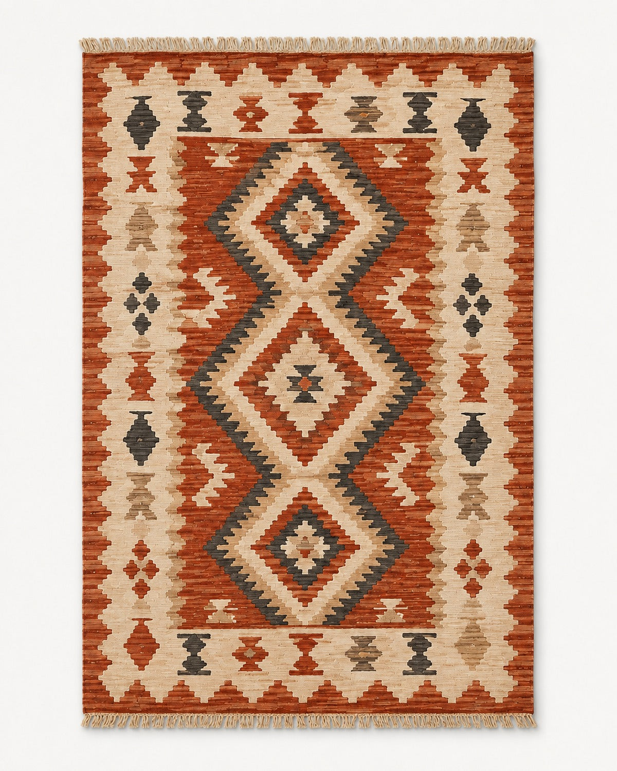 Terracotta charcoal beige and ivory diamond kilim rug with fringe for modern wholesale rug sourcing
