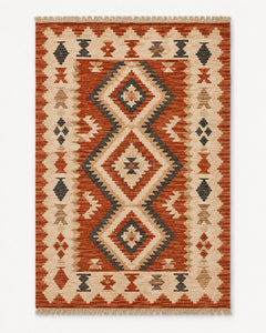 Terracotta charcoal beige and ivory diamond kilim rug with fringe for modern wholesale rug sourcing
